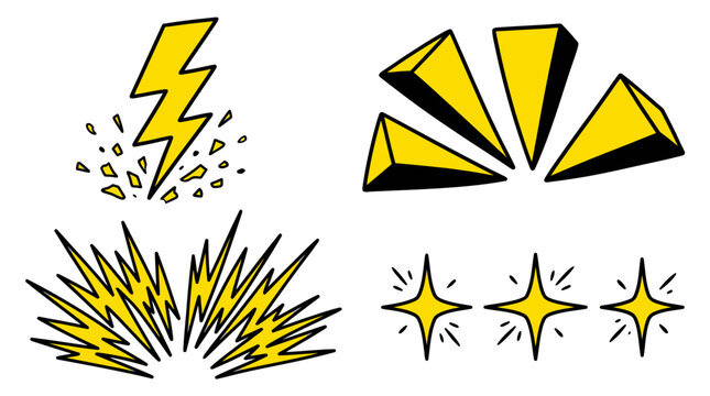 Vibrant yellow illustration of lightning, rays, and stars explosion in graphic design elements