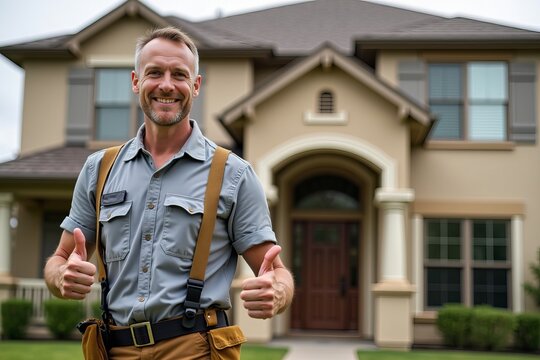 Exterminator Gives Thumbs Up in Front of Home with Termite Problem