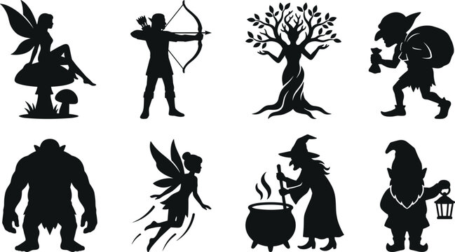Fantasy creatures and mythical characters silhouettes set including fairy elf witch goblin and troll isolated on white background