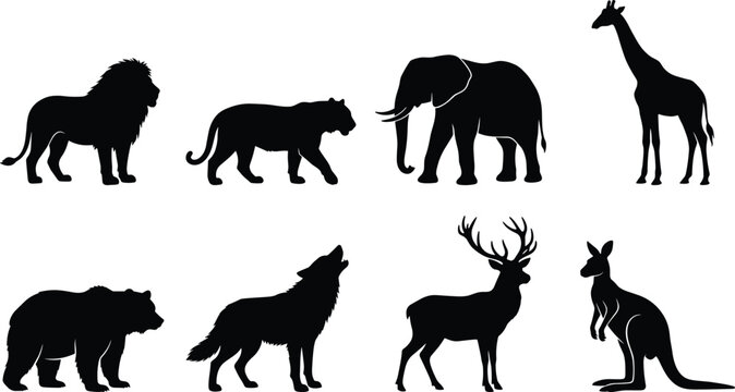 Wild animals black silhouette icon set featuring lion tiger elephant giraffe bear wolf deer and kangaroo on white background