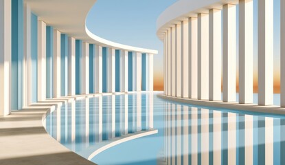 Naklejka premium Minimalist modern architecture with colonnade and reflective pool at warm sunset light