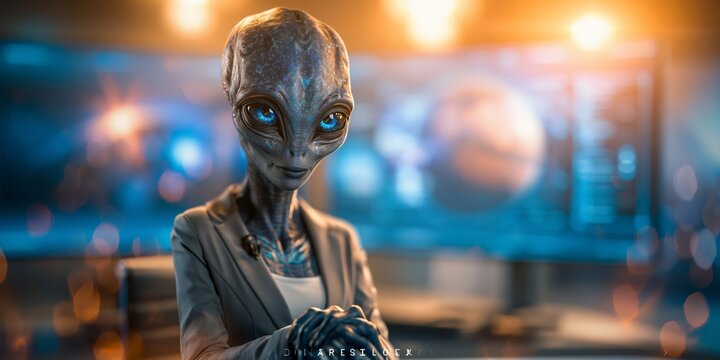 Back view of an alien in business attire facing futuristic hologram screens, blending corporate leadership, advanced technology, science fiction, and innovative digital workspace.