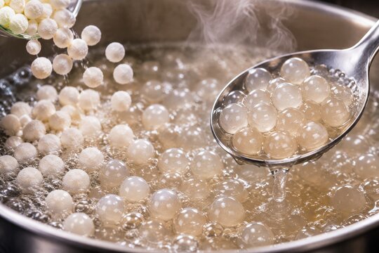 Tapioca pearls boiling in pot for bubble tea. Chef scooping translucent boba balls from hot water during beverage preparation. Vietnamese cuisine ingredient for refreshing drink culinary.