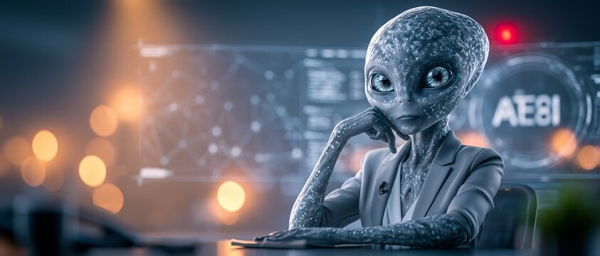 Back view of an alien in business attire facing futuristic hologram screens, blending corporate leadership, advanced technology, science fiction, and innovative digital workspace.