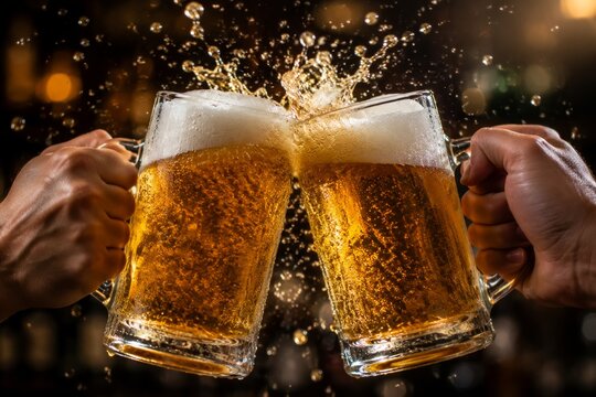 Two men making a toast with glass mugs of golden beer. Celebration with refreshing alcoholic beverage in pub. Joyful drinking experience with liquid splashing and bubbles in glass.