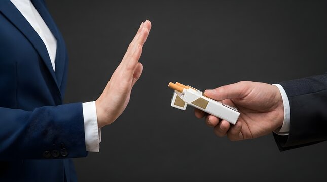 Business person in a formal blue suit showing a firm hand gesture to refuse a cigarette offer from a colleague