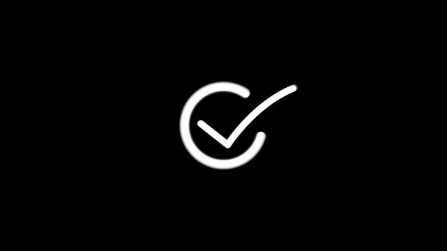 White Line Check Mark Icon Animation, Success Task Completed, Right Choice, Valid Agreement, Approved and Done Concept Motion Graphic Isolated on Black Background
