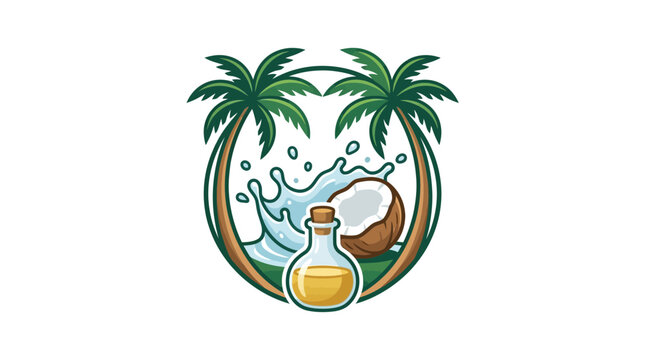 Coconut oil logo illustration with palm trees and water splash.