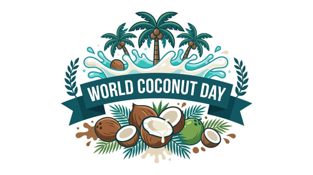 World Coconut Day celebration graphic with palm trees and fresh tropical fruit.