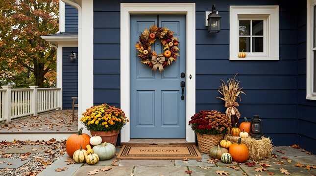 Charming autumn home exterior with fall decor pumpkins mums and a wreath for seasonal greetings