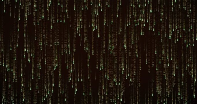 Japanese katakana characters cascade in a dense code storm animation with a deep tunnel parallax effect.