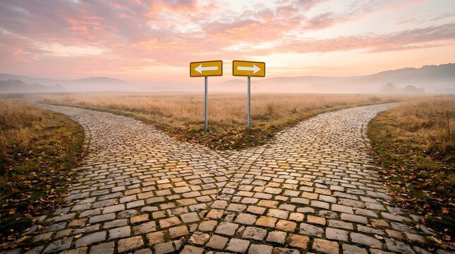 Yellow road signs with arrows pointing in opposite directions stand at a stone path fork during a soft sunrise morning