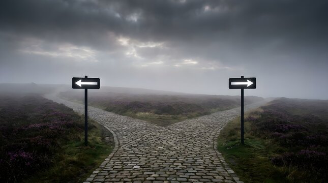 Two glowing directional signs stand at a diverging cobblestone path in a moody landscape with heavy fog and purple flowers