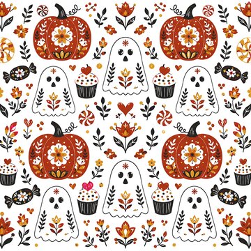 Halloween seamless pattern with cute folk art pumpkins, ghosts, and cupcakes, autumn floral background for wrapping paper, textile, and spooky holiday decor