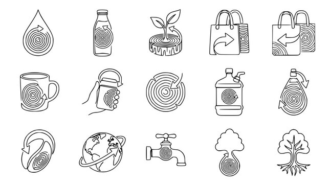 Eco Friendly Icons Set: Sustainability, Recycling, Nature, Water, Earth, Shopping Bags, Plant Growth