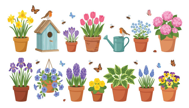 Cute spring garden potted flowers set with birdhouse tulips hydrangea daffodils irises and watering can cartoon vector illustration