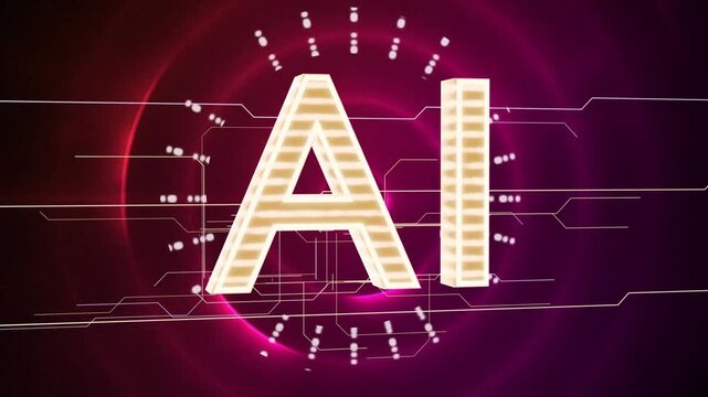 HUD ring activating, AI letters transforming to gold 3D, circuit traces sliding in revealing logo