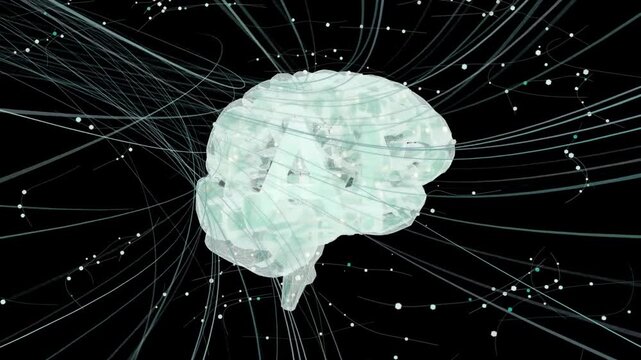 On activation cyan 3D brain rotating, sending filaments and pulsing, visualizing neural nets and AI