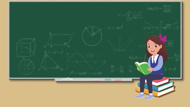 Animated Math Olympiad animation with chalkboard, mathematical formulas, geometry diagrams and schoolgirl reading a book. ideal for school education, STEM learning or mathematics competition themes 