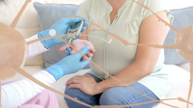 Nurse reaching patient palm on sofa pressing finger with meter measuring glucose neuron overlay
