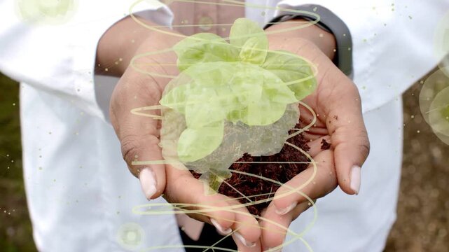 Woman in lab coat holding seedling, overlay appearing, spirals circling upward, showing agri tech