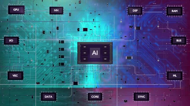 Turquoise plume rising, AI core anchoring as modules filling, traces routing to form system map