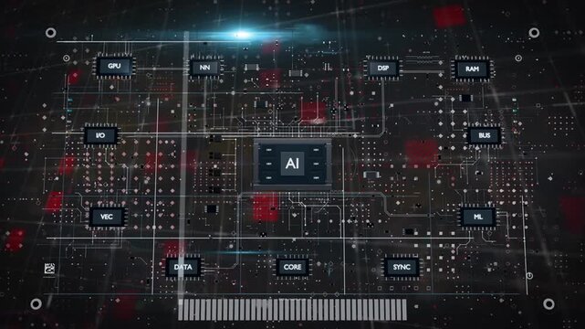 Label AI appearing, central AI chip growing, linking chips, drawing lines, red pulses, showing HUD