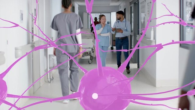 Magenta orb expanding strands across health hall crossing staff with tablet showing contrast