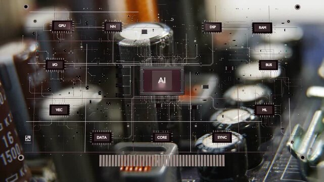 PCB close-up, AI badge appearing, nodes floating, camera panning right, overlay mapping data flow