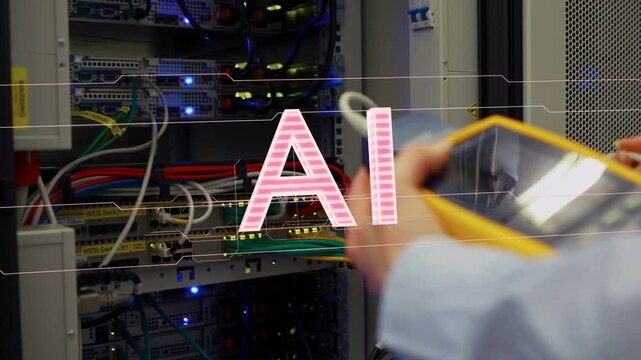 AI graphic appearing and expanding, tech moving yellow meter, probing ports, verifying live LEDs
