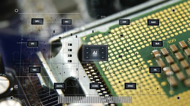 Overlay activating, AI module appearing and linking nodes across CPU pads, visualizing data flow