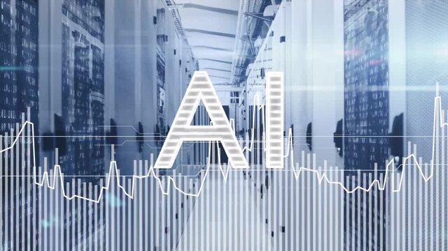 Data pulse starting, AI shifting to glowing stripes while waveform pulsing over racks showing load