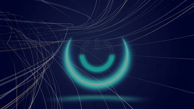 Left strands sweeping inward, turquoise arc pulsing, inner marks sharpening, revealing emblem flow