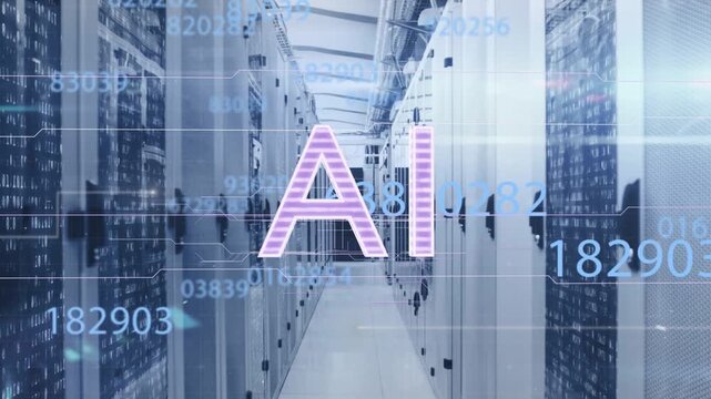 AI label appearing at aisle center, scaling and glowing while numeric streams showing data flow