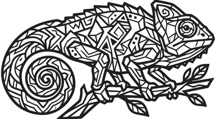 Geometric chameleon vector illustration with tribal patterns and curled tail on a branch for coloring page and tattoo design © Andikia