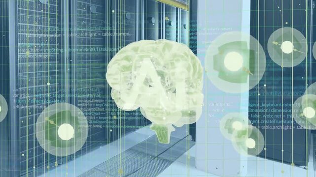 Data signal activating holo brain appearing before server racks, rotating, pulsing, visualizing AI