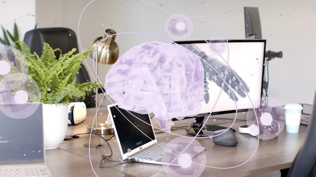 Purple hologram brain appearing on app launch, rotating pulsing above laptop to reveal robotic hand