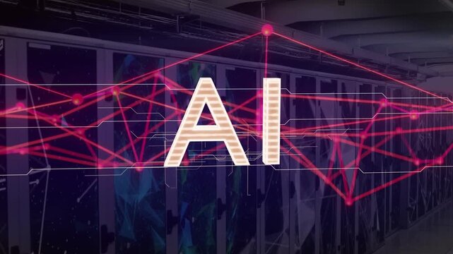 Receiving boot signal AI letters glowing and magenta lines pulsing visualizing network across racks