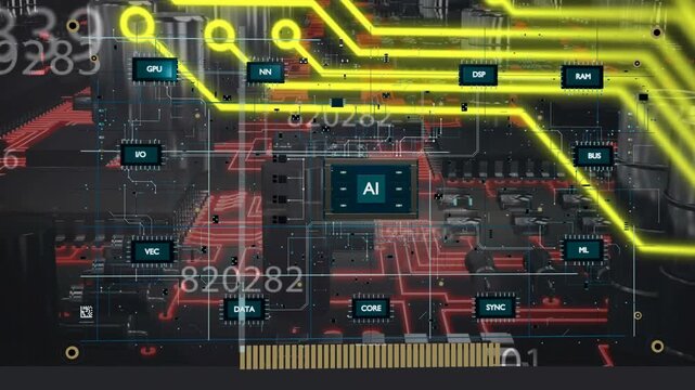 Central AI module guiding yellow traces from top-left, teal nodes lighting, revealing links