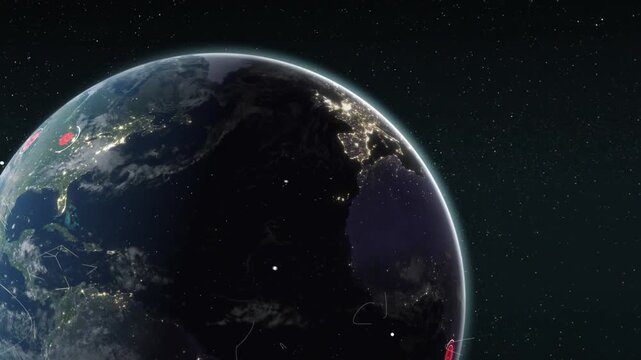 Earth rotating, flare flaring left, targets pulsing, mesh forming, nodes moving, showing tracking