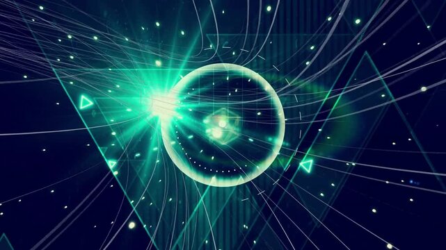 Turquoise core bursting forming ring fragmenting launching shards along paths showing energy spread