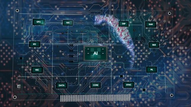 Particle globe appearing, AI module coordinating, streaming data across PCB, showing global flow