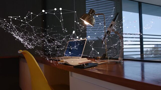 Left-edge particles emerging and traveling right, forming 3D mesh over desk visualizing data flow