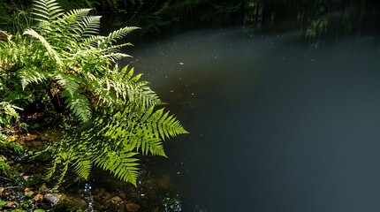 Naklejka premium Lush green ferns overhanging dark still water in a forest