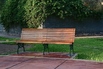 Fototapeta premium Empty wooden park bench in a quiet green garden