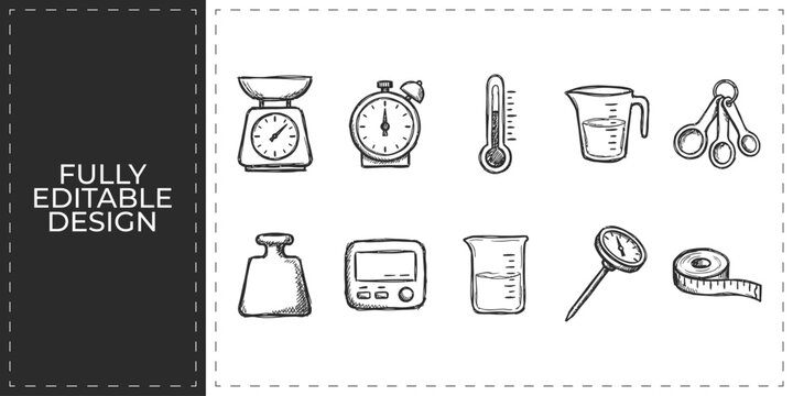 Kitchen measurement and laboratory glassware icons featuring hand drawn measuring cups scales and test tubes for cooking and scientific experimentation design