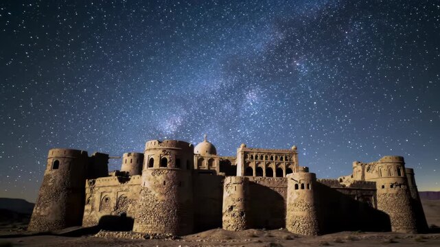 Ancient middle eastern desert fortress featuring stone masonry towers and arched ramparts standing under a vibrant night sky with visible Milky Way galaxy and constellations.