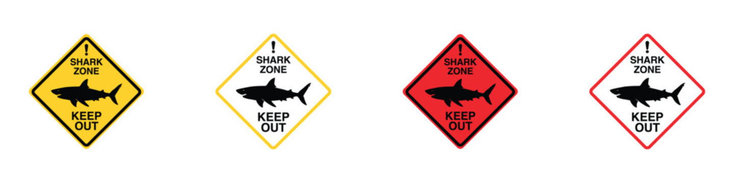 Shark zone warning sign and beach danger notice icon. Vector illustration of realistic coastal hazard precaution symbol, yellow and red diamond predator alert icon on white background.