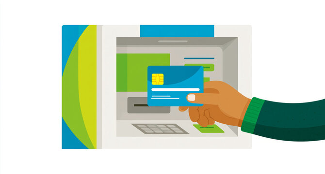 hand holding a credit card at an TVM machine, against a white background 