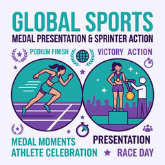 Obraz premium Global Sports Medal Presentation And Sprinter Action Vibrant Illustration